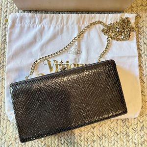 100% auth VIVIENNE WESTWOOD Verona Black Reptile Leather Box Clutch Bag